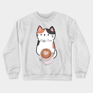 Coffee Time Cute Calico Cat Crewneck Sweatshirt